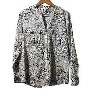 Calvin Klein Women’s Medium Gray Black Animal Leopard Print Button Blouse Long